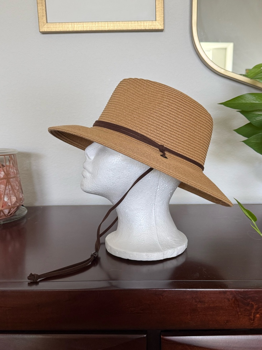 Wide Brim Tan Sun Hat with Chin Strap - Women - Picture 5 of 10